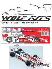 Wolf Kits: Car scale model kit 1/20 scale - Shadow Ford DN9 sponsored by Villiger #17 - Clay Regazzoni (CH) - Swedish Formula 1 Grand Prix 1978 - metal parts, photo-etched parts, resin parts, rubber parts, seatbelt fabric, turned metal parts, vacuum formed parts, water slide decals, white metal parts, other materials, assembly instructions and tobacco sponsor decals