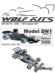 Wolf Kits: Car scale model kit 1/20 scale - Shadow Ford DN1 Shadow Racing Team sponsored by Uop #19, 20 - Jackie Oliver (GB), George Follmer (US) - Spanish Formula 1 Grand Prix 1973 - photo-etched parts, resin parts, rubber parts, vacuum formed parts, water slide decals, white metal parts, other materials and assembly instructions