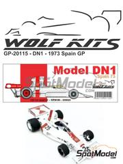 Wolf Kits: Car scale model kit 1/20 scale - Shadow Ford DN1 Embassy Racing Team #25 - Graham Hill (GB) - Spanish Formula 1 Grand Prix 1973 - photo-etched parts, resin parts, rubber parts, vacuum formed parts, water slide decals, white metal parts, other materials and assembly instructions