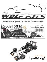 Wolf Kits: Car scale model kit 1/20 scale - Tyrrell Ford DG16 sponsored by Data General, Courtaulds #3, 4 - Jonathan Palmer (GB), Philippe Streiff (FR) - German Formula 1 Grand Prix 1987 - photo-etched parts, resin parts, rubber parts, water slide decals, white metal parts, other materials and assembly instructions