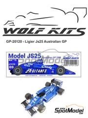 Wolf Kits: Car scale model kit 1/20 scale - Ligier Renault JS25 sponsored by Gitanes, Candy #25, 26 - Philippe Streiff (FR), Jacques Laffite (FR) - Australian Formula 1 Grand Prix 1985 - photo-etched parts, resin parts, rubber parts, water slide decals, white metal parts, other materials, assembly instructions and tobacco sponsor decals