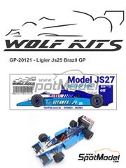 Wolf Kits: Car scale model kit 1/20 scale - Ligier Renault JS27 sponsored by Gitanes, Loto #25, 26 - Ren Arnoux (FR), Jacques Laffite (FR) - Brazilian Formula 1 Grand Prix 1986 - photo-etched parts, resin parts, rubber parts, water slide decals, white metal parts, other materials, assembly instructions and tobacco sponsor decals
