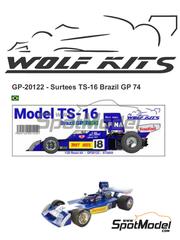 Wolf Kits: Car scale model kit 1/20 scale - Surtees Ford TS-16 sponsored by Fina, Matchbox #18, 19 - Carlos Pace (BR), Jochen Mass (DE) - Brazilian Formula 1 Grand Prix 1974 - photo-etched parts, resin parts, rubber parts, vacuum formed parts, water slide decals, white metal parts, other materials and assembly instructions