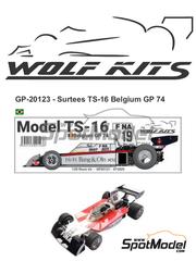 Wolf Kits: Car scale model kit 1/20 scale - Surtees Ford TS-16 sponsored by Fina, Bang&Olufsen #18, 19 - Carlos Pace (BR), Jochen Mass (DE) - Belgian Formula 1 Grand Prix 1974 - photo-etched parts, resin parts, rubber parts, vacuum formed parts, water slide decals, white metal parts, other materials and assembly instructions