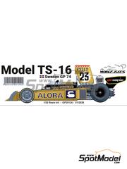 Wolf Kits: Car scale model kit 1/20 scale - Surtees Ford TS-16 AAW Racing Team sponsored by Salora, Colt #23 - Leo Kinnunen (FI) - Swedish Formula 1 Grand Prix 1974 - photo-etched parts, resin parts, rubber parts, vacuum formed parts, water slide decals, white metal parts, other materials and assembly instructions